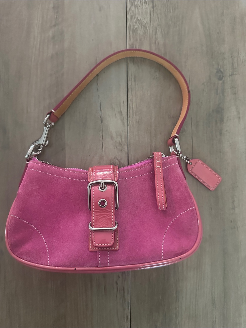 Vintage Coach - Pink Suede Shoulder Bag with Buckle Accent